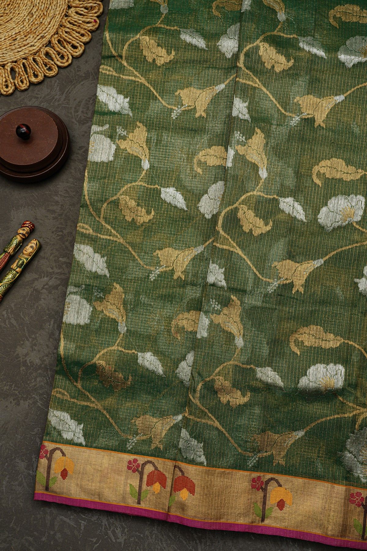 Zari Kota Cotton Bottle Green Tissue Saree