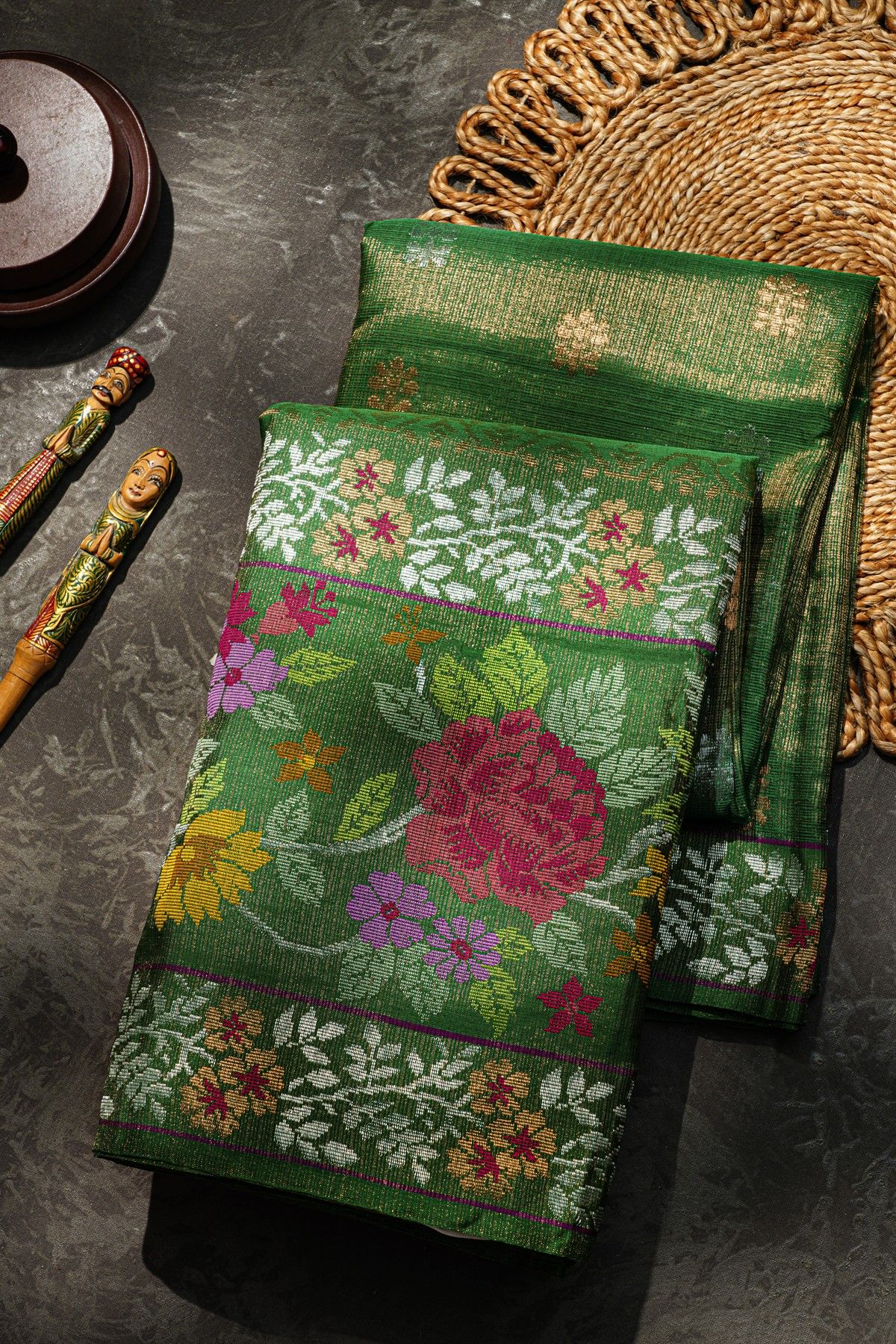 Zari Kota Cotton Bottle Green Tissue Saree