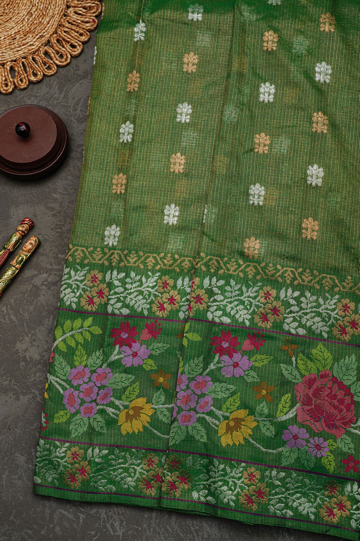 Zari Kota Cotton Bottle Green Tissue Saree