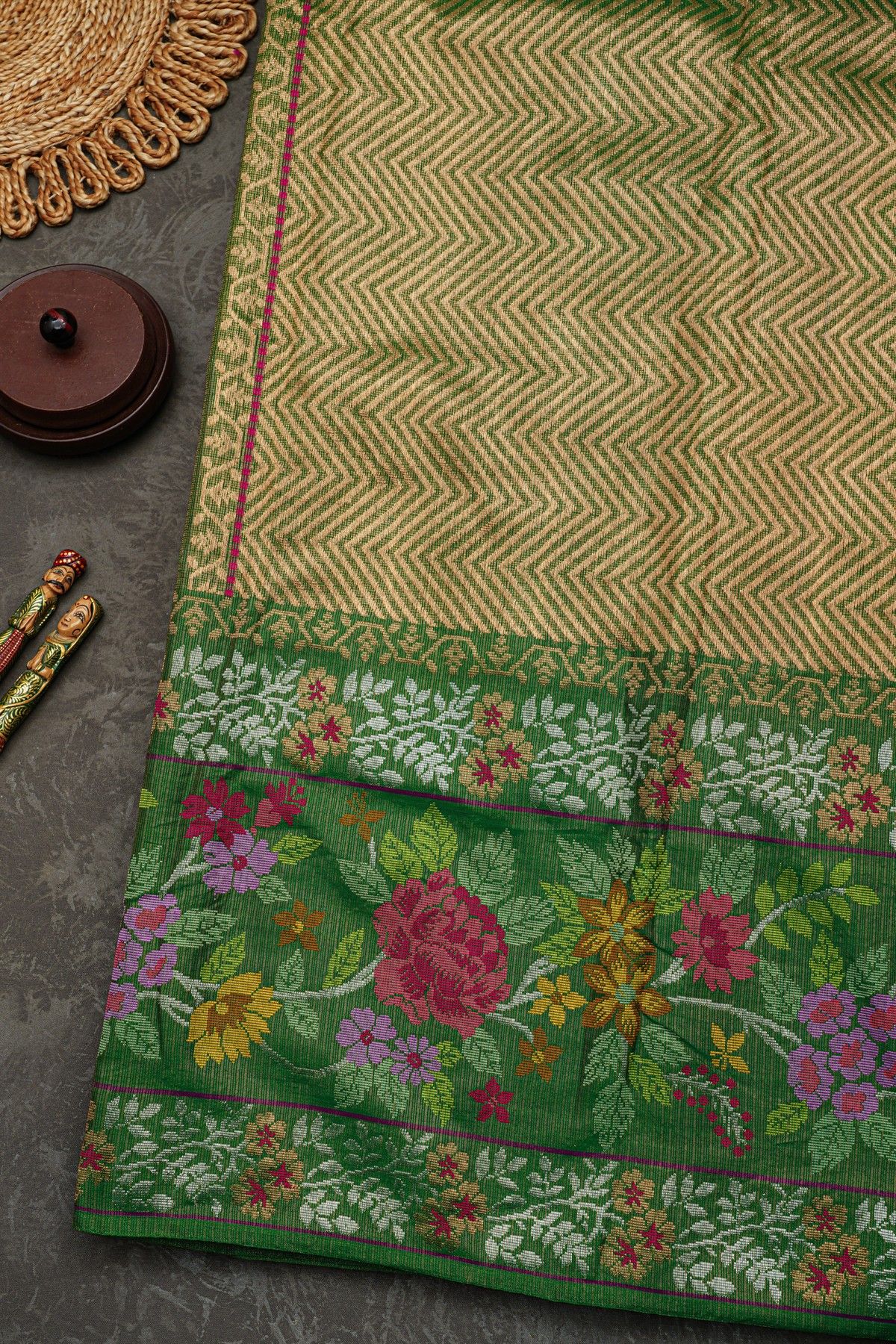 Zari Kota Cotton Bottle Green Tissue Saree