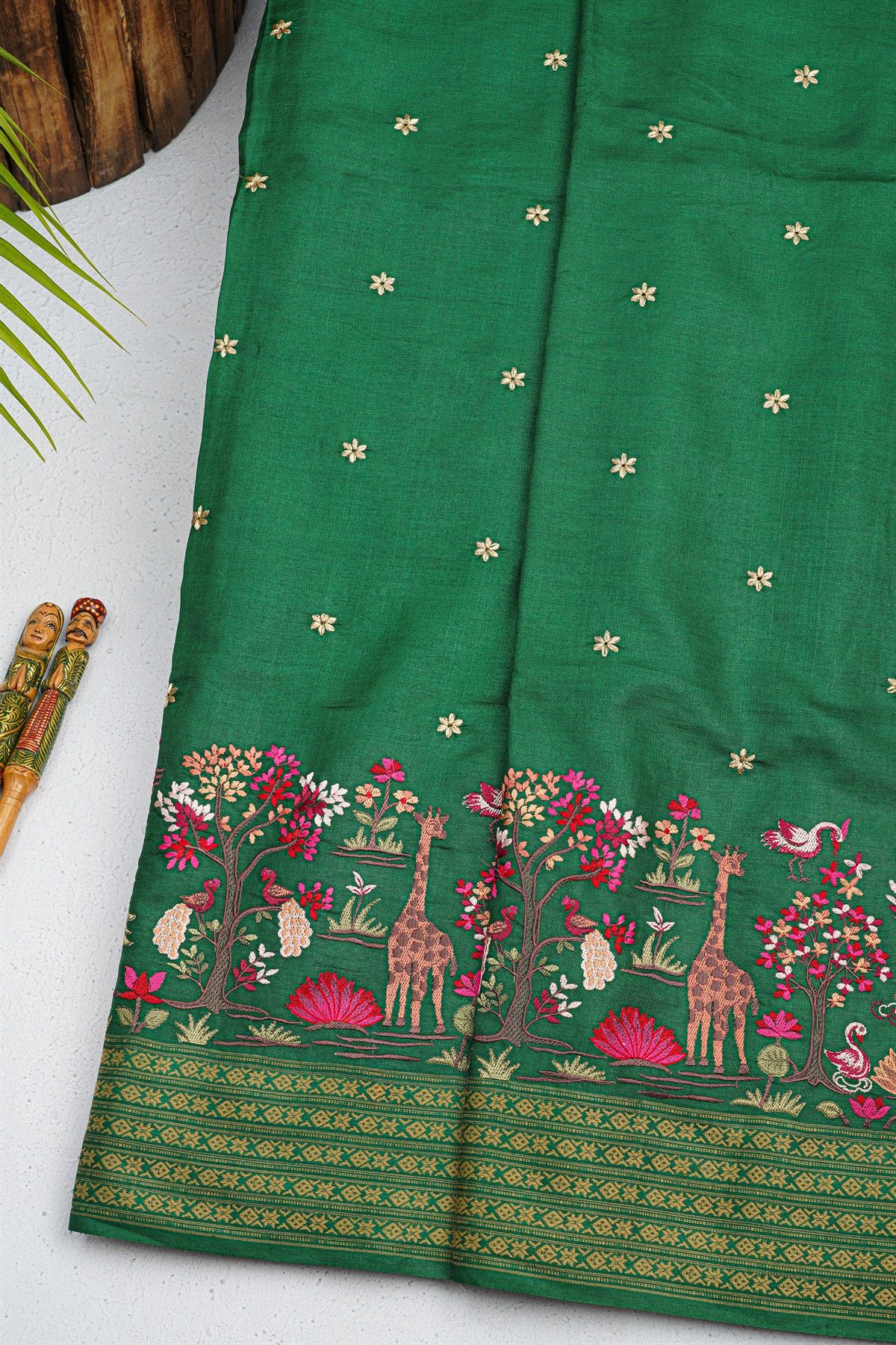 Designer Tussar Bottle Green Saree