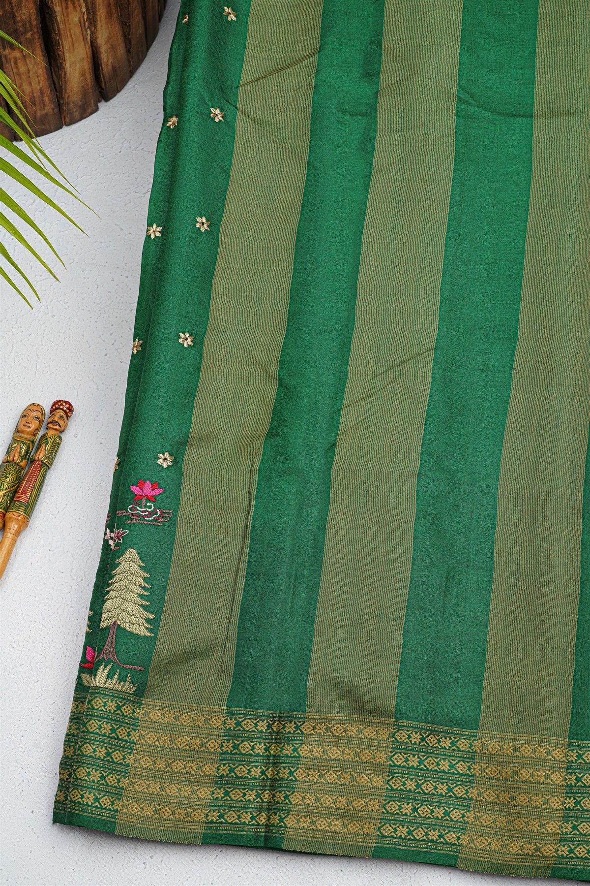 Designer Tussar Bottle Green Saree
