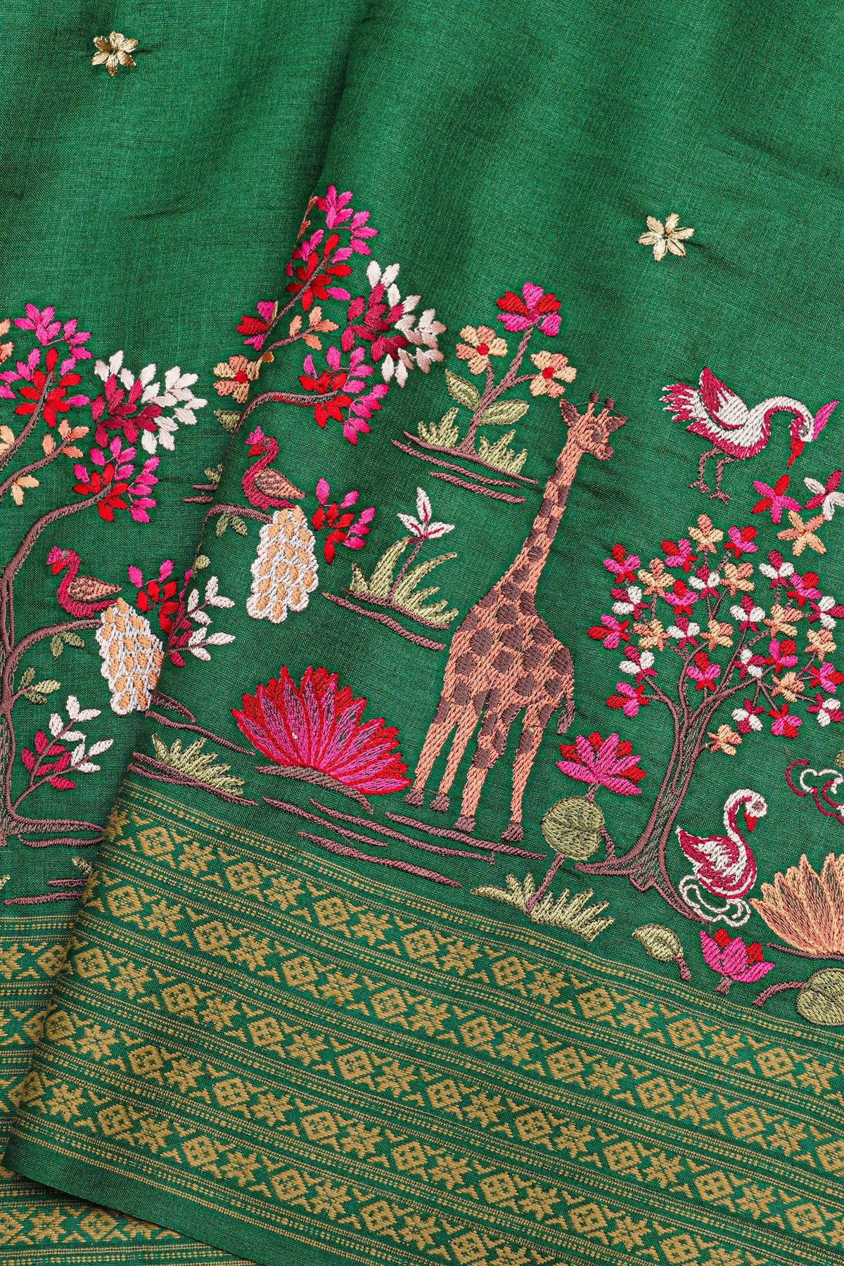 Designer Tussar Bottle Green Saree