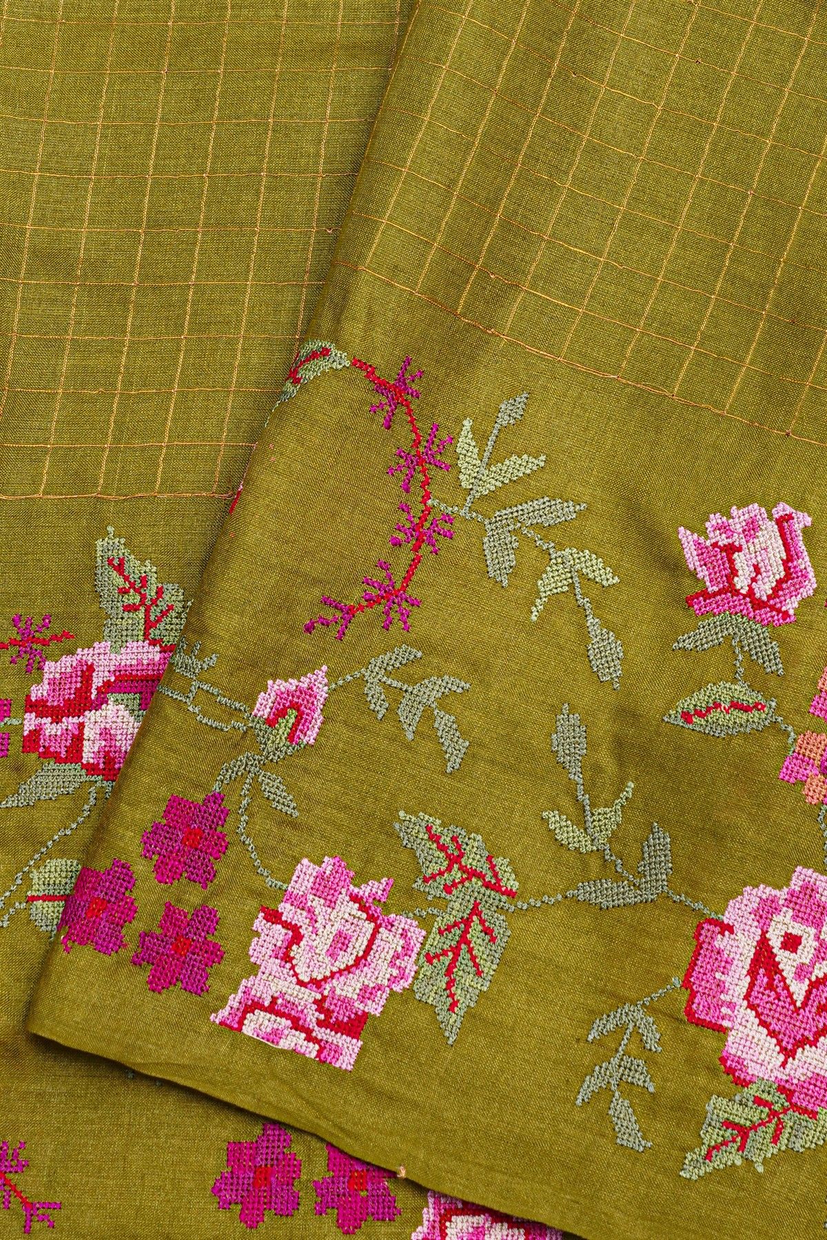 Designer Tussar Mehendi Green Saree