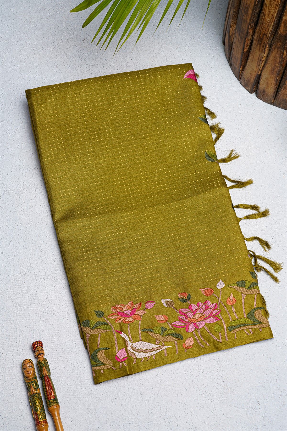 Designer Tussar Mehendi Green Saree