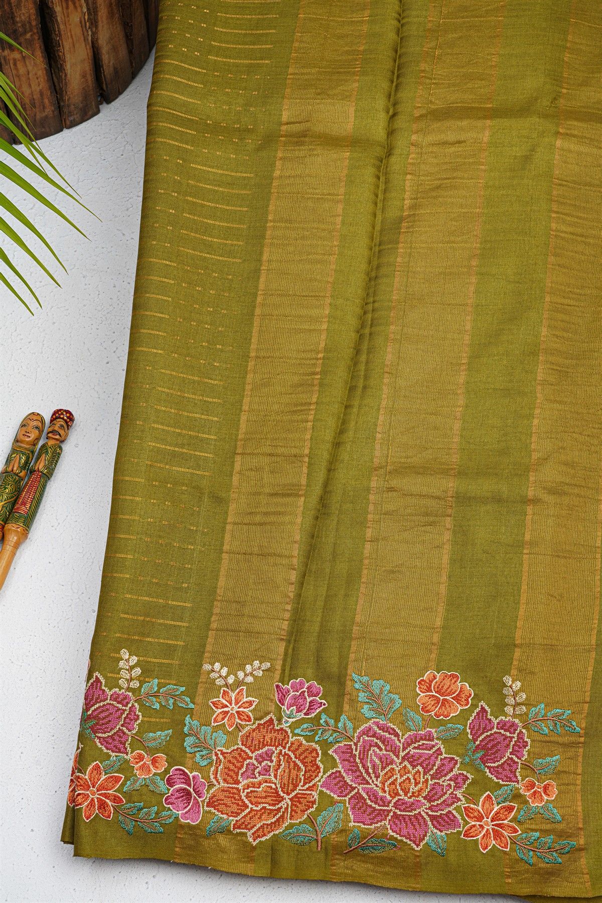 Designer Tussar Mehendi Green Saree