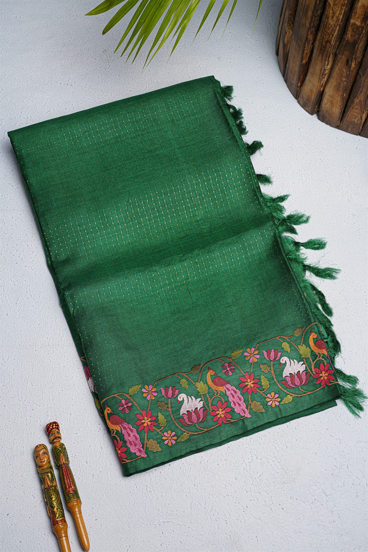 Designer Tussar Bottle Green Saree