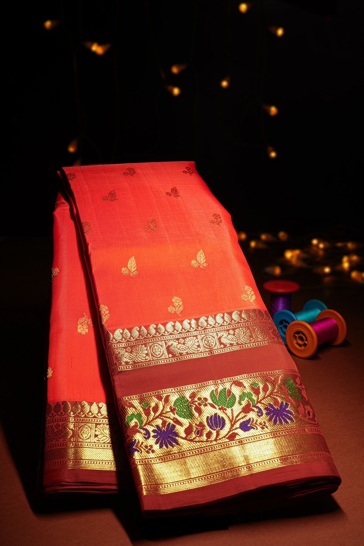 Venkatagiri Silk Orange And Red Saree