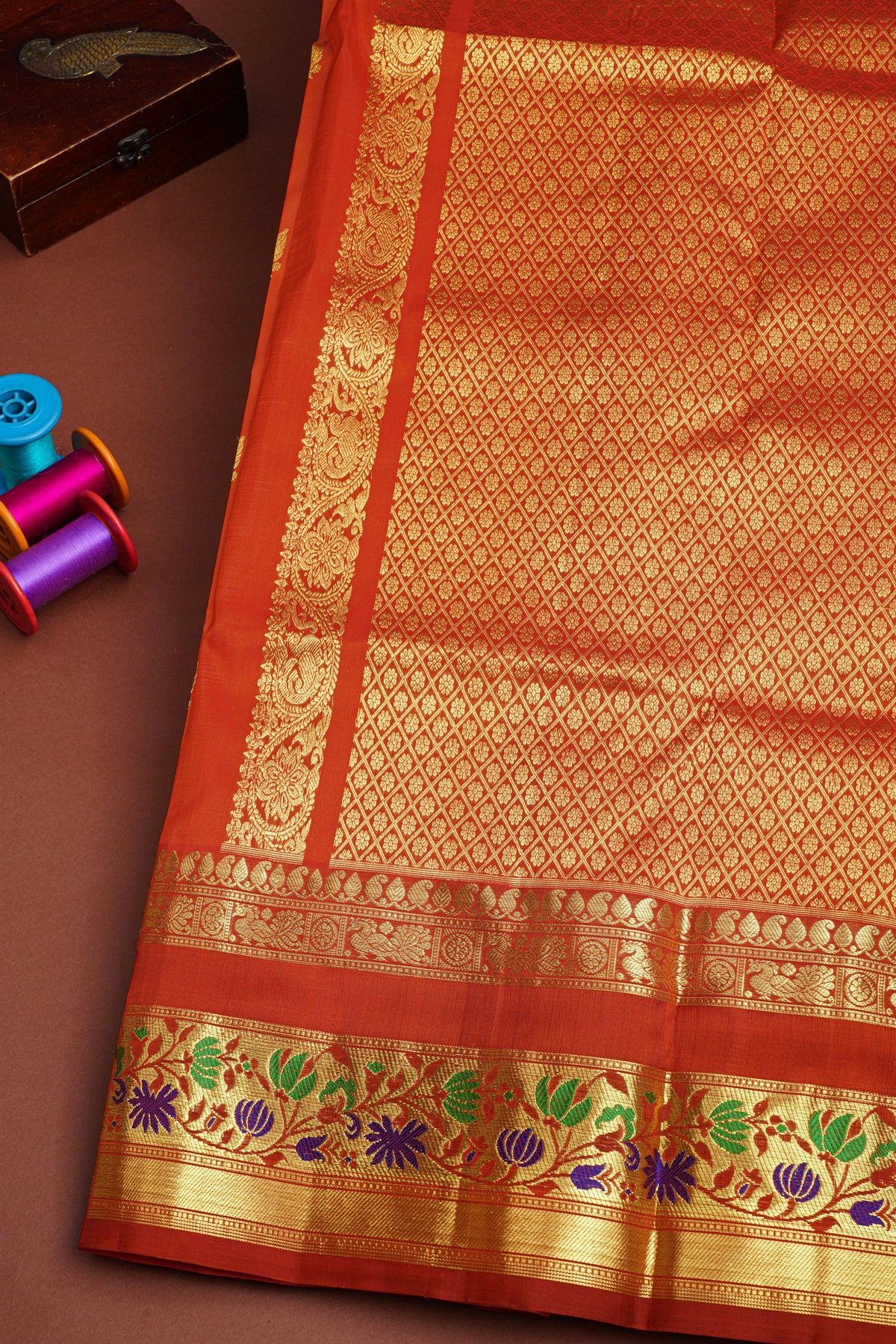 Venkatagiri Silk Orange And Red Saree