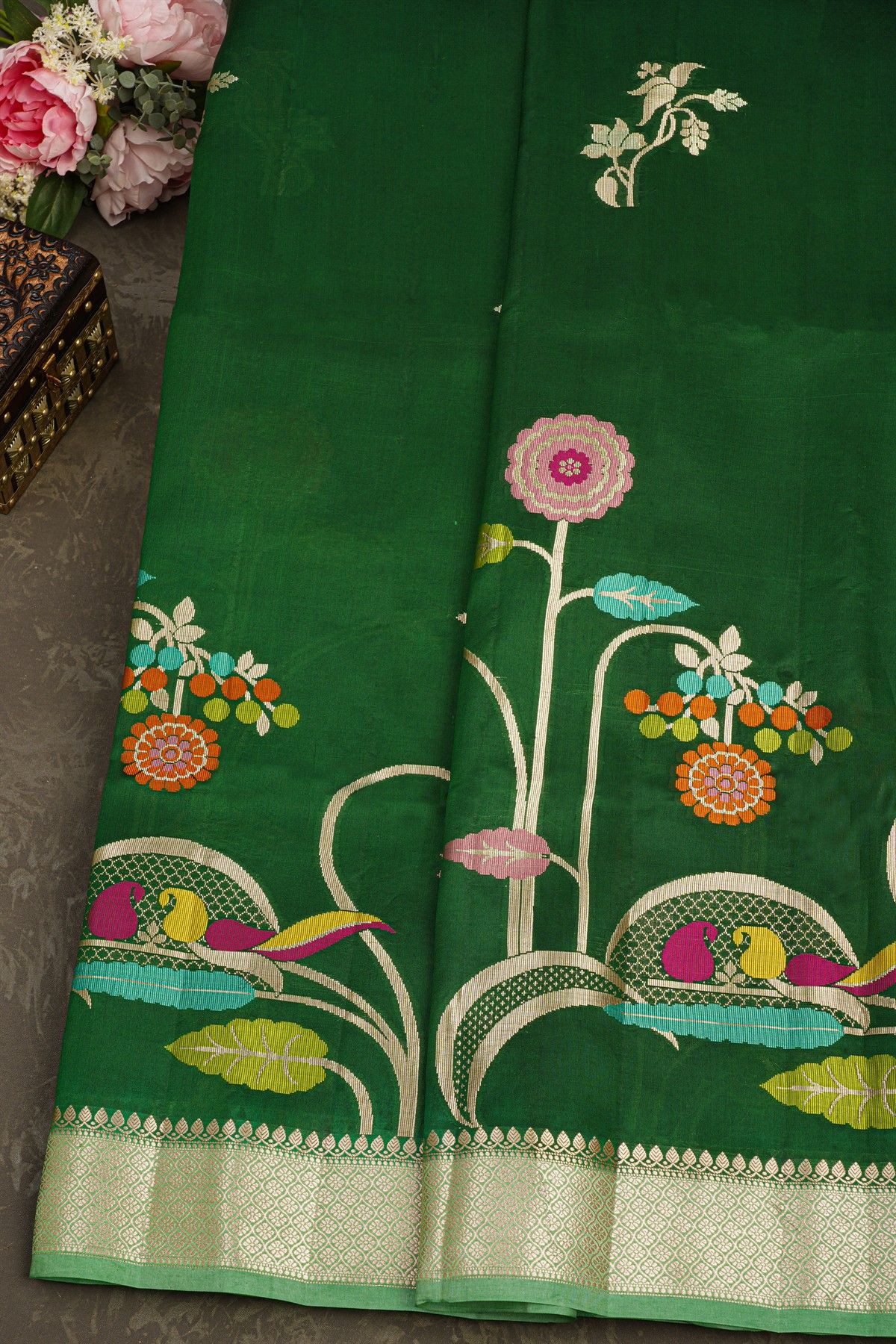 Matka Silk Bottle Green Saree