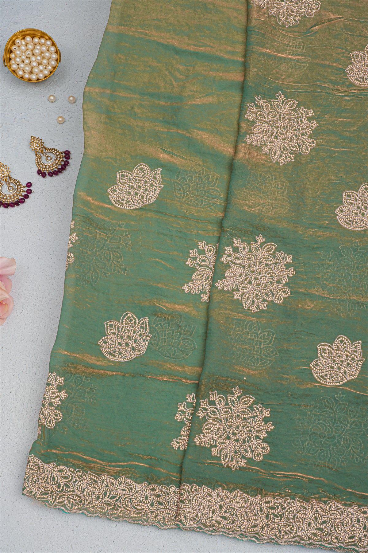 Designer Organza Green Saree