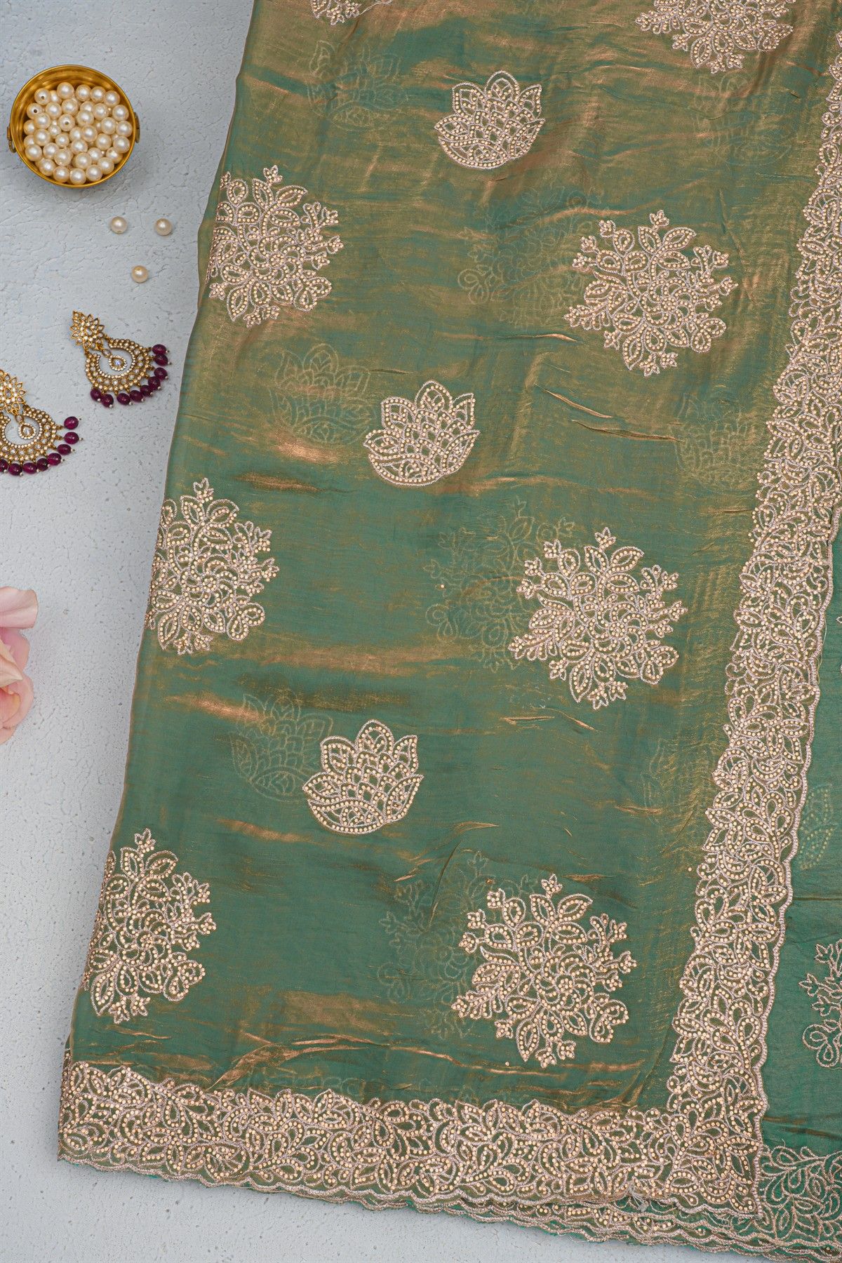 Designer Organza Green Saree