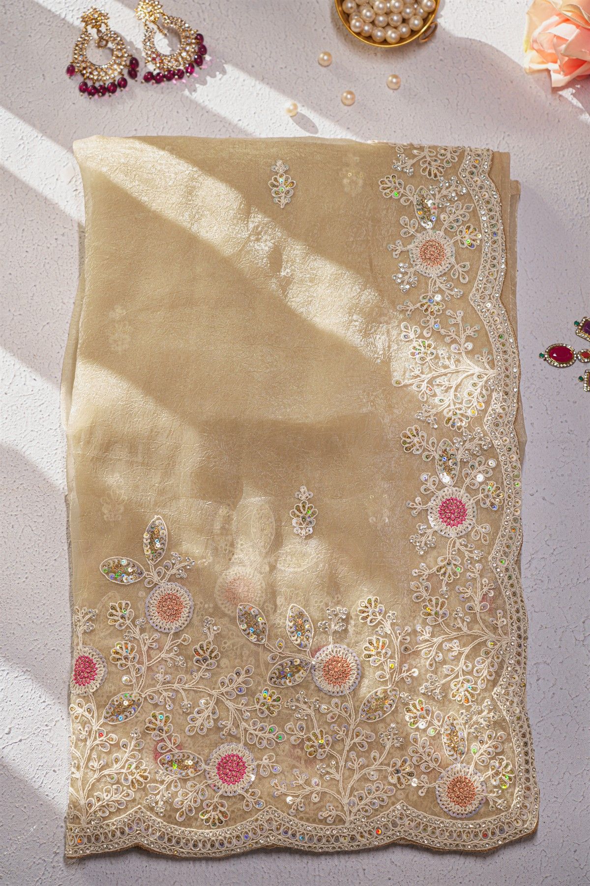 Designer Organza Peach Saree