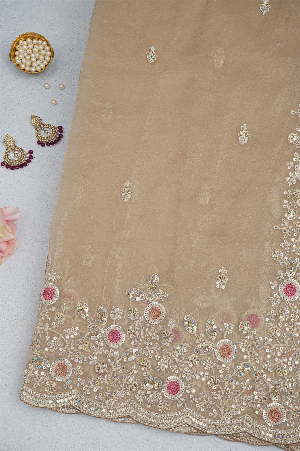 Designer Organza Peach Saree