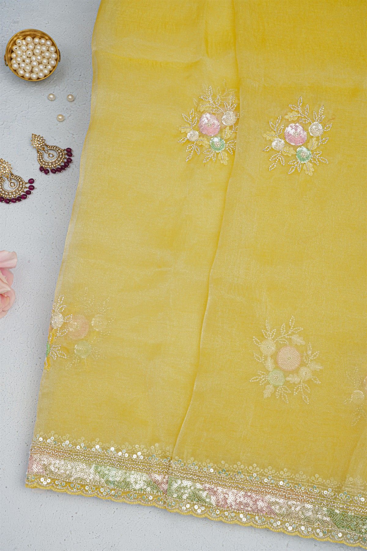Designer Organza Yellow Saree