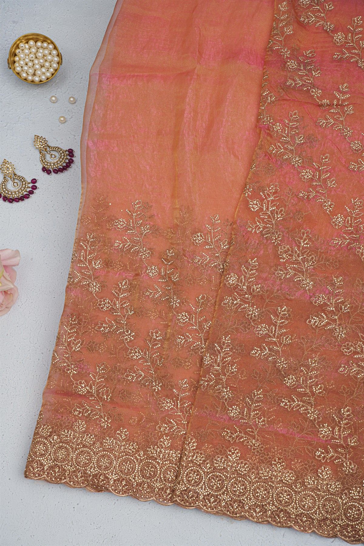 Designer Organza Peach Saree