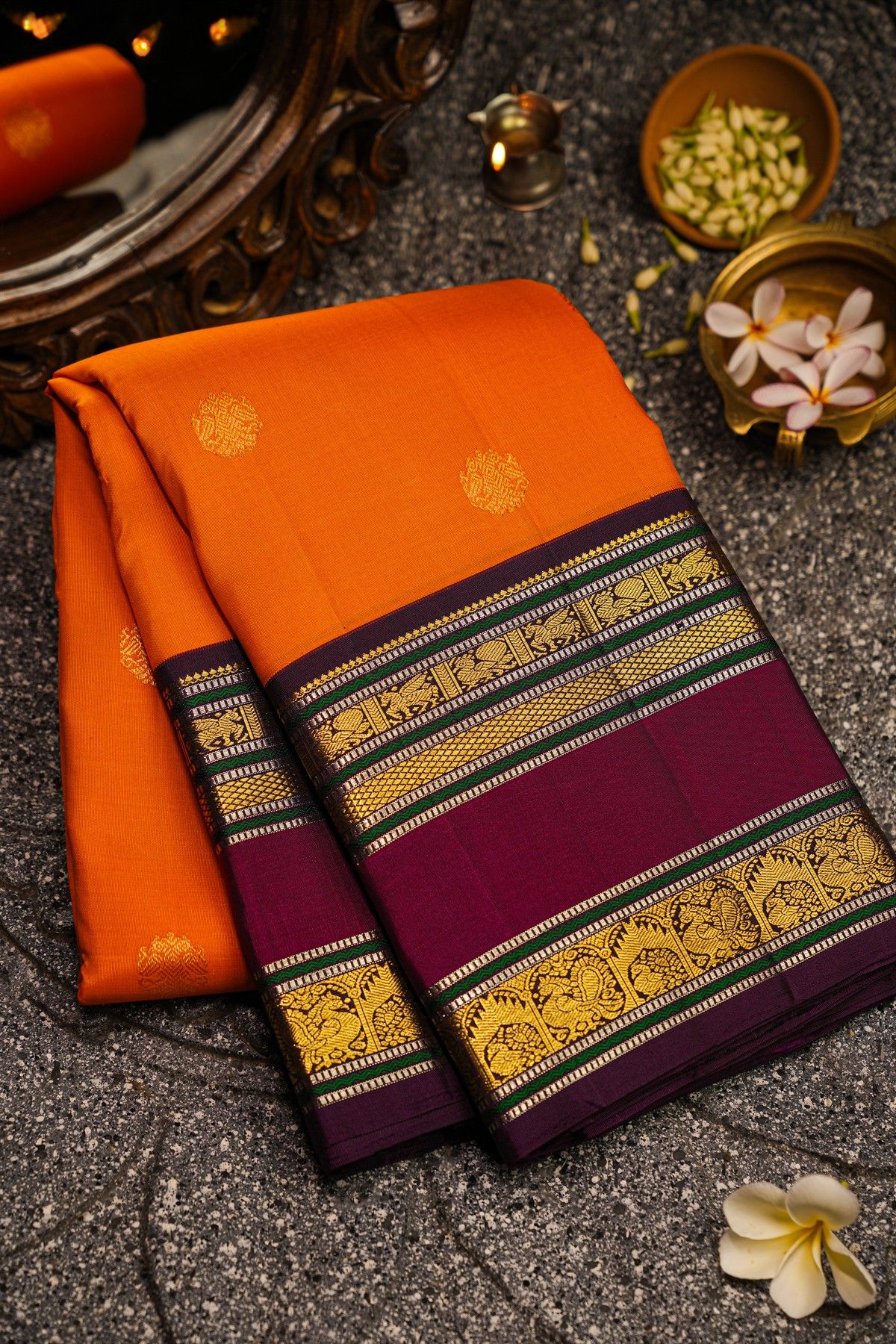 Kancheepuram Silk Orange Saree