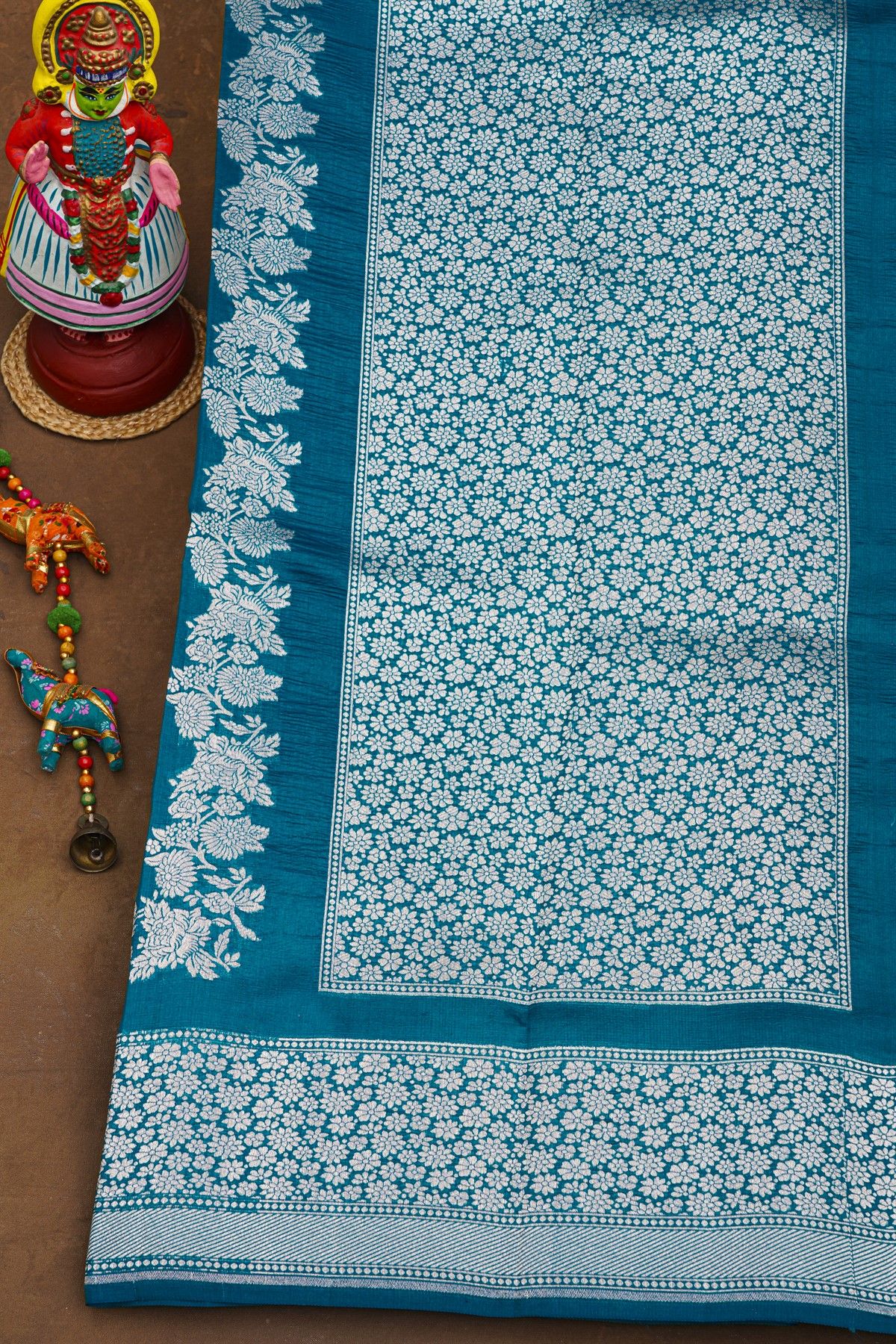 Fancy Matka Silk Teal Blue Saree WIth Leafs And Jaal Body