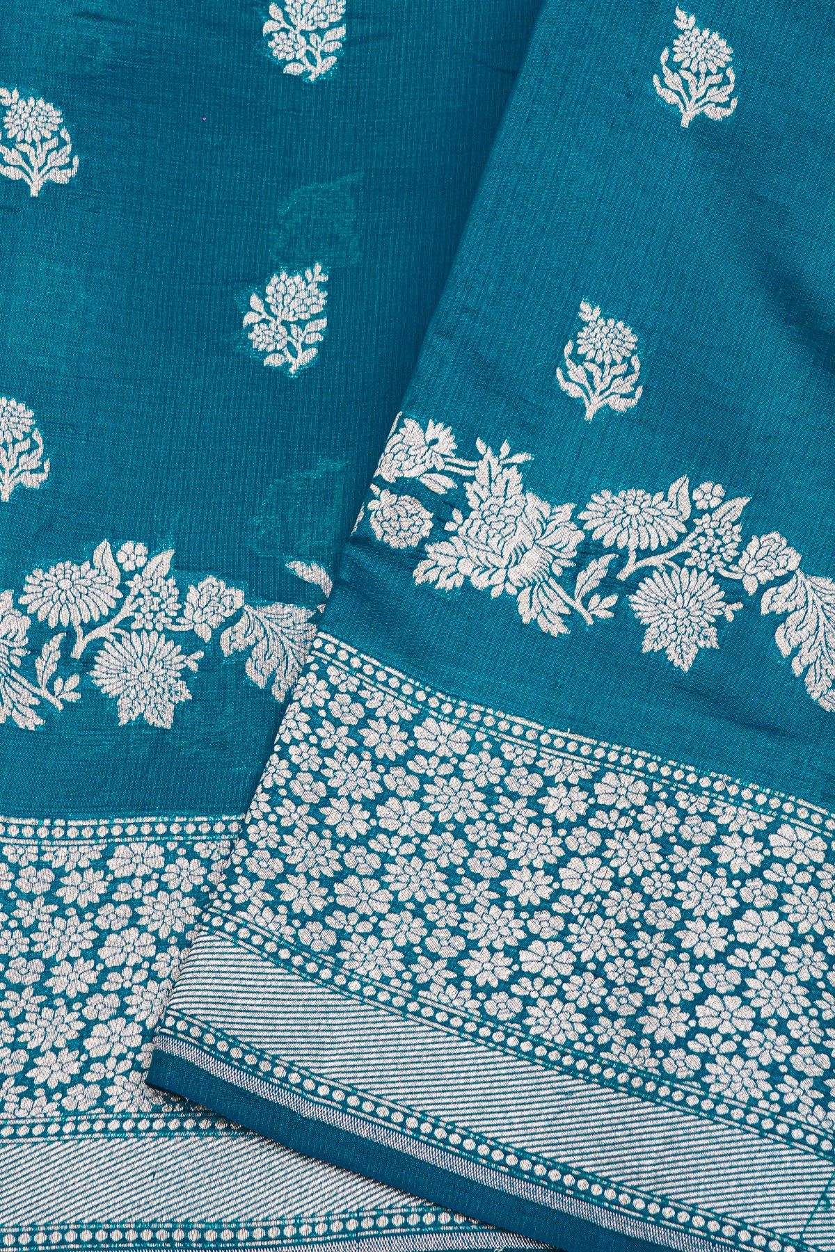 Fancy Matka Silk Teal Blue Saree WIth Leafs And Jaal Body