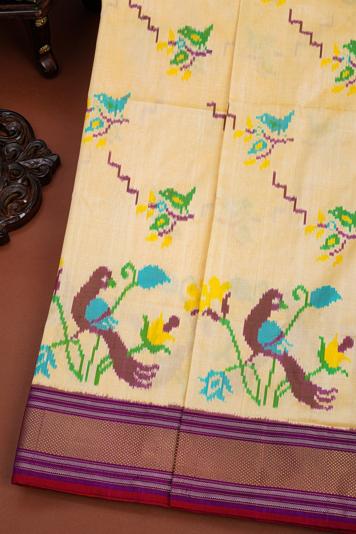 Ikat Silk Cream Saree