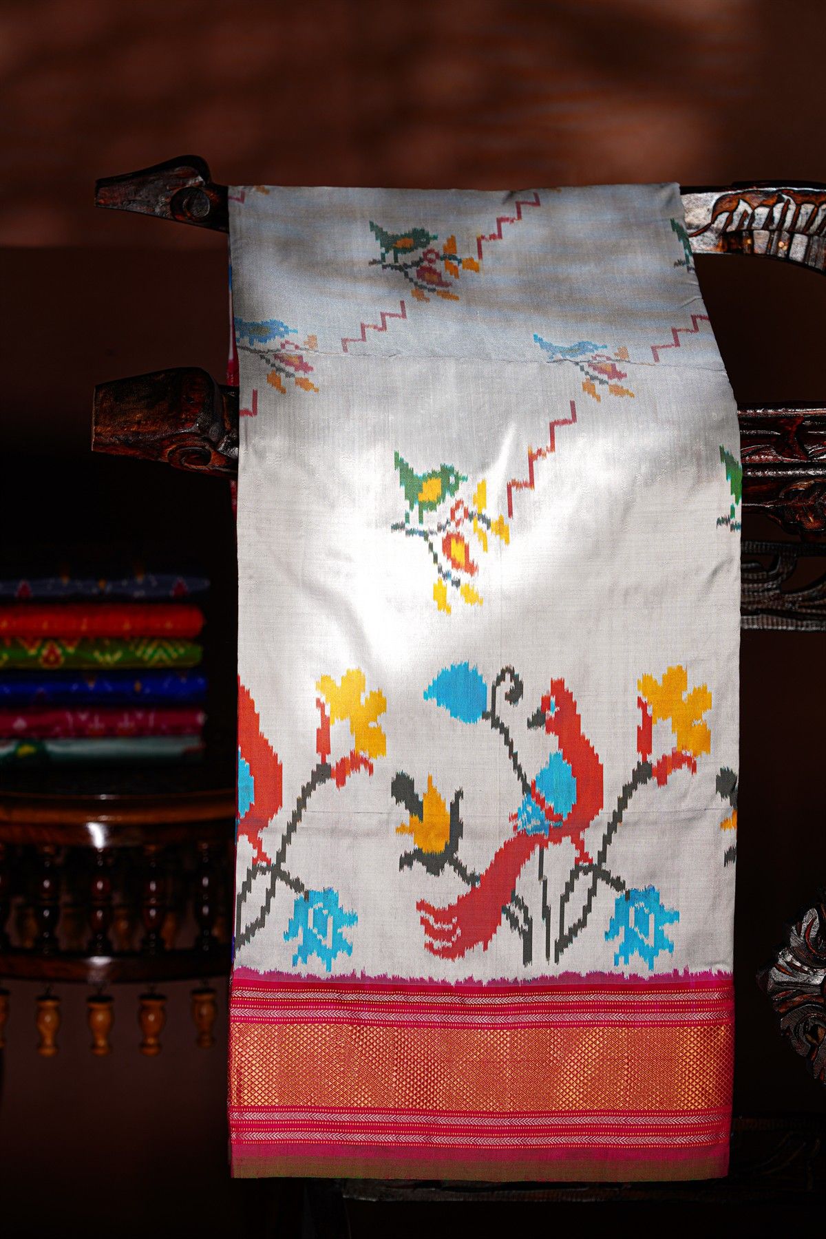 Ikat Silk Off White Saree