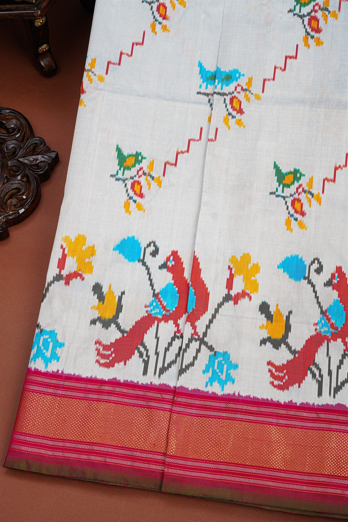 Ikat Silk Off White Saree