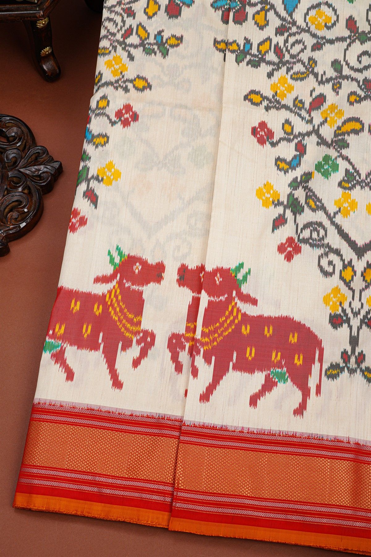 Ikat Silk White Saree