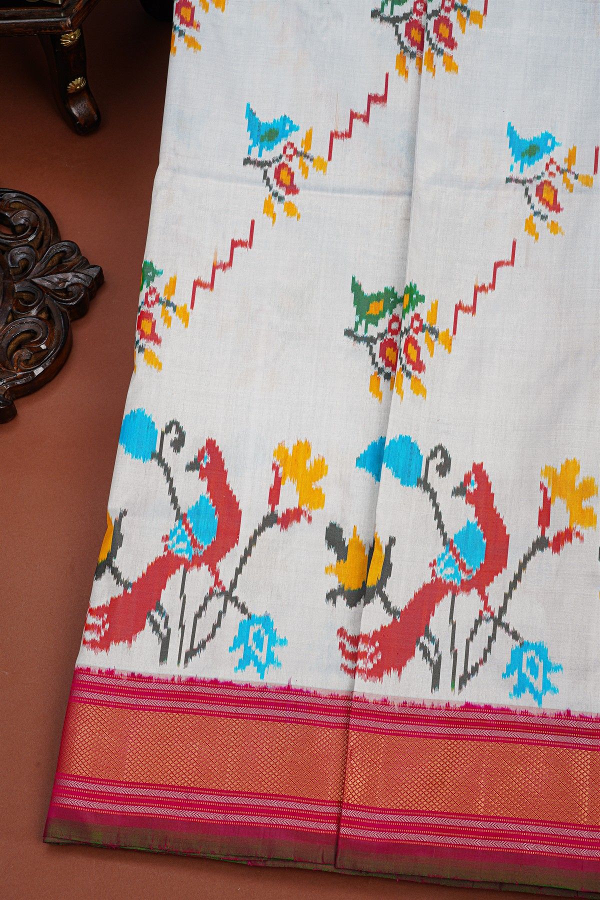 Ikat Silk Off White Saree