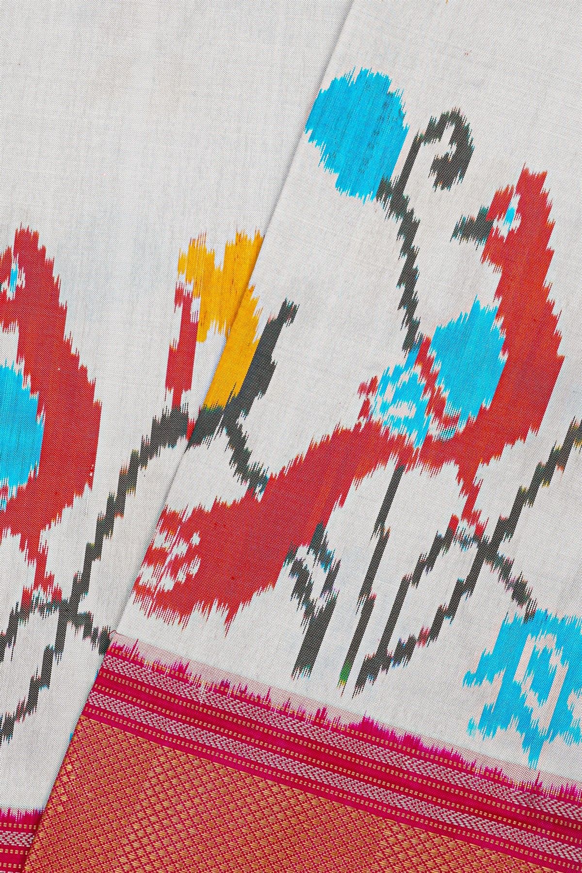 Ikat Silk Off White Saree