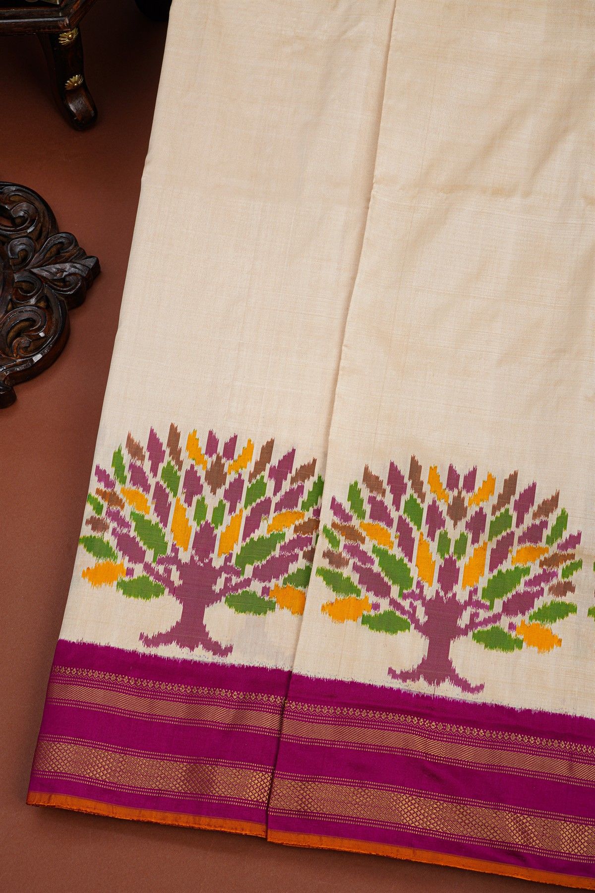 Ikat Silk Cream Saree