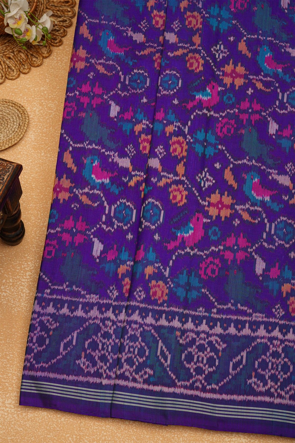 Patola Silk Royal Blue Saree With Florals And Leaves Body And Self Lines Border