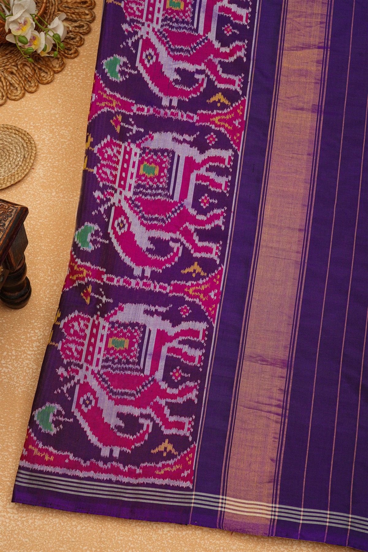 Patola Silk Royal Blue Saree With Florals And Leaves Body And Self Lines Border