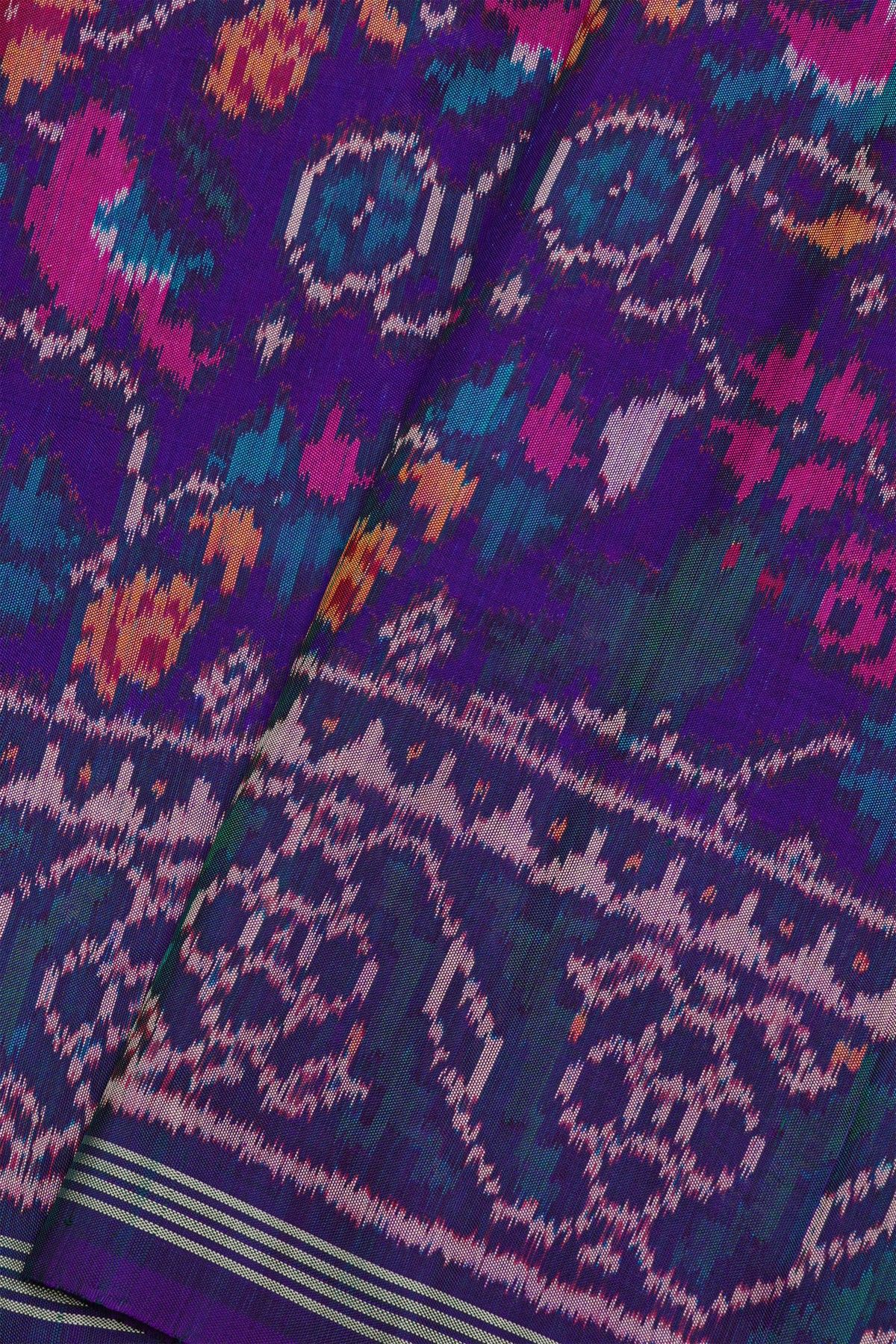 Patola Silk Royal Blue Saree With Florals And Leaves Body And Self Lines Border