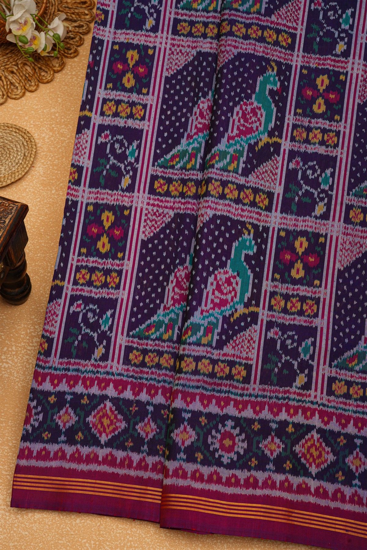 Patola Silk Dark Violet Saree With Florals And Leaves With Birds Body And Self Florals And Leaves Border