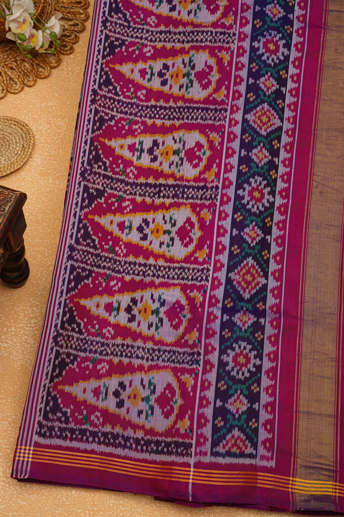 Patola Silk Dark Violet Saree With Florals And Leaves With Birds Body And Self Florals And Leaves Border