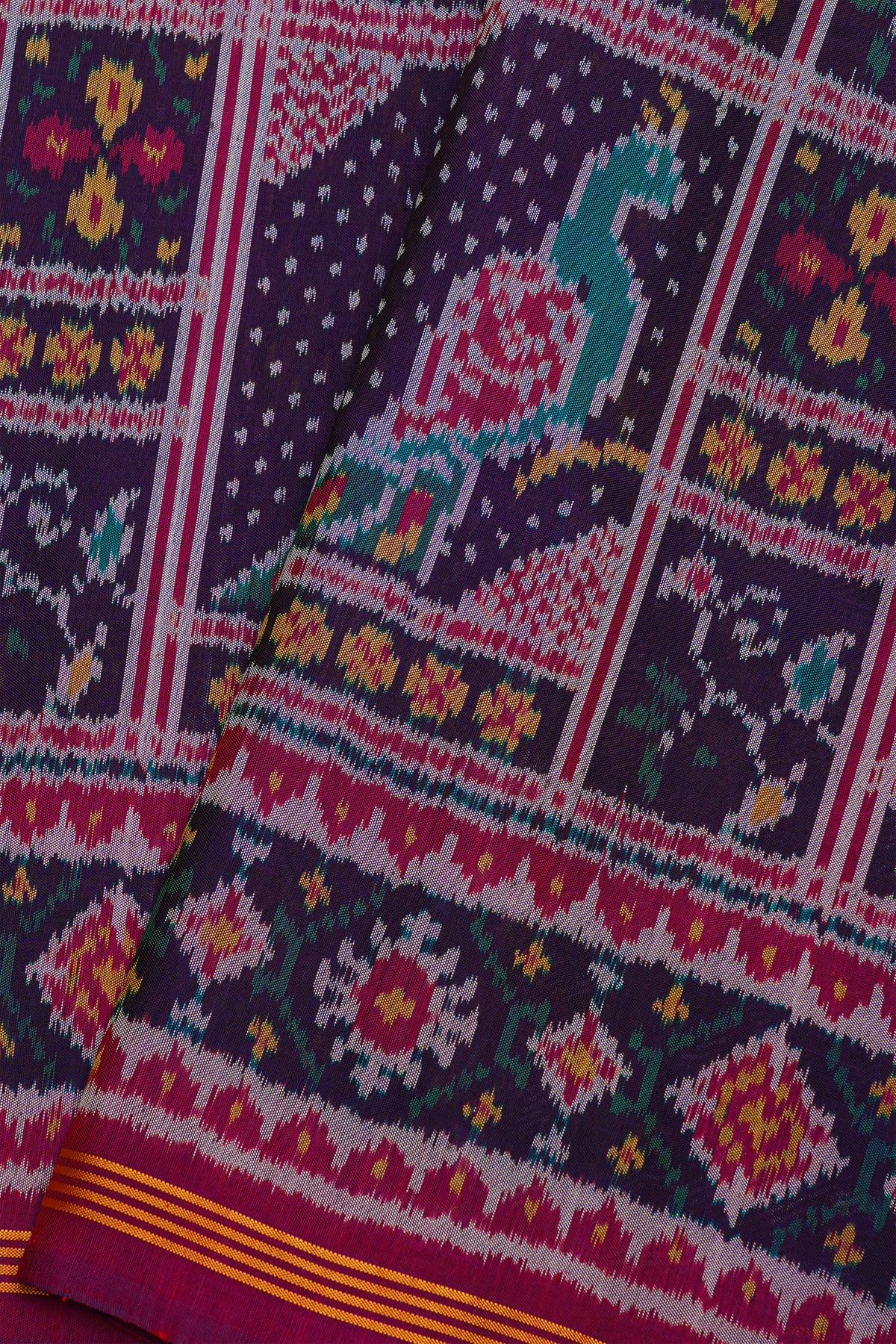 Patola Silk Dark Violet Saree With Florals And Leaves With Birds Body And Self Florals And Leaves Border