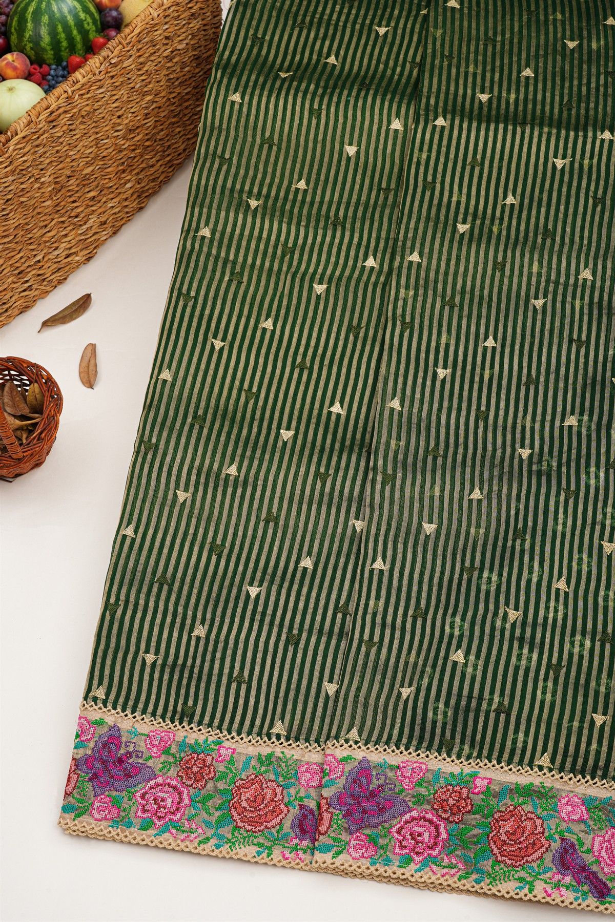 Designer Kora Bottle Green Saree
