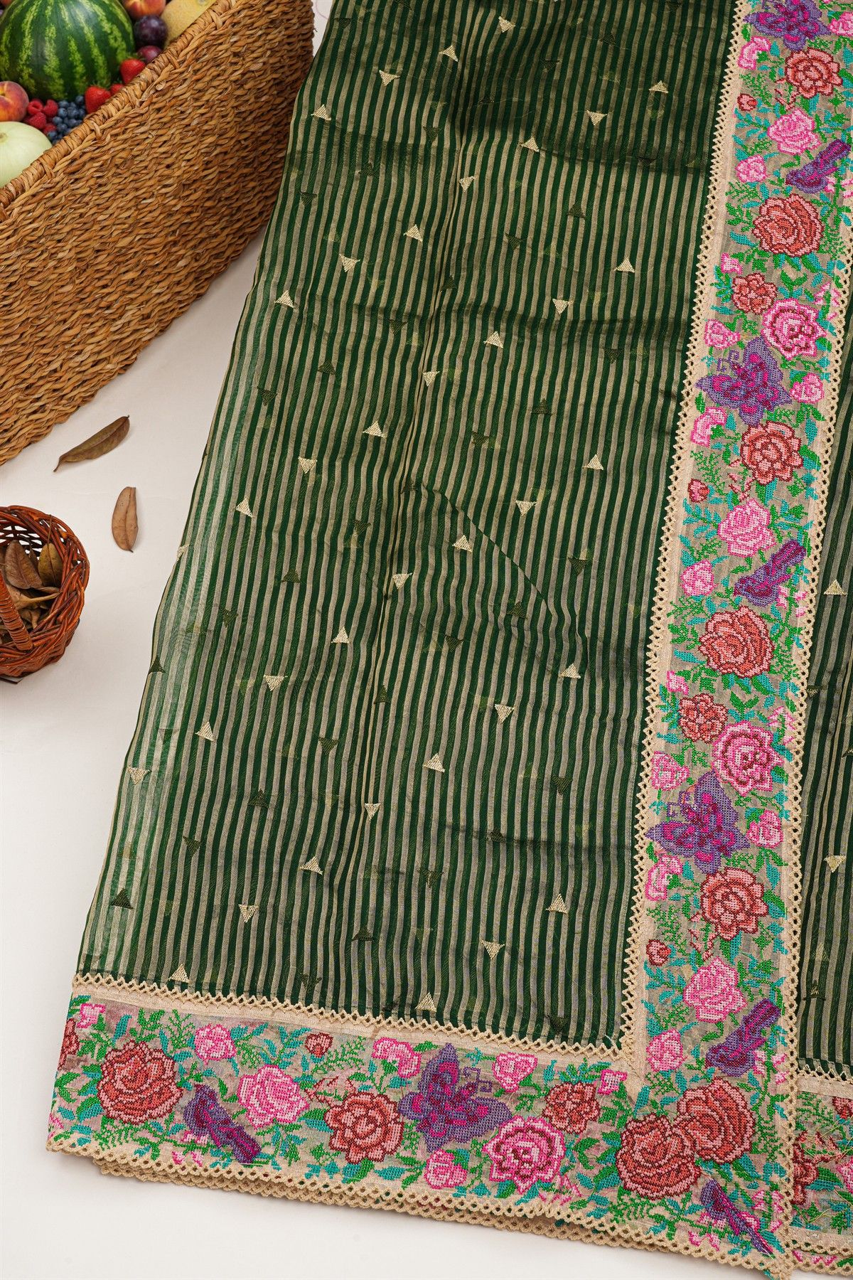 Designer Kora Bottle Green Saree