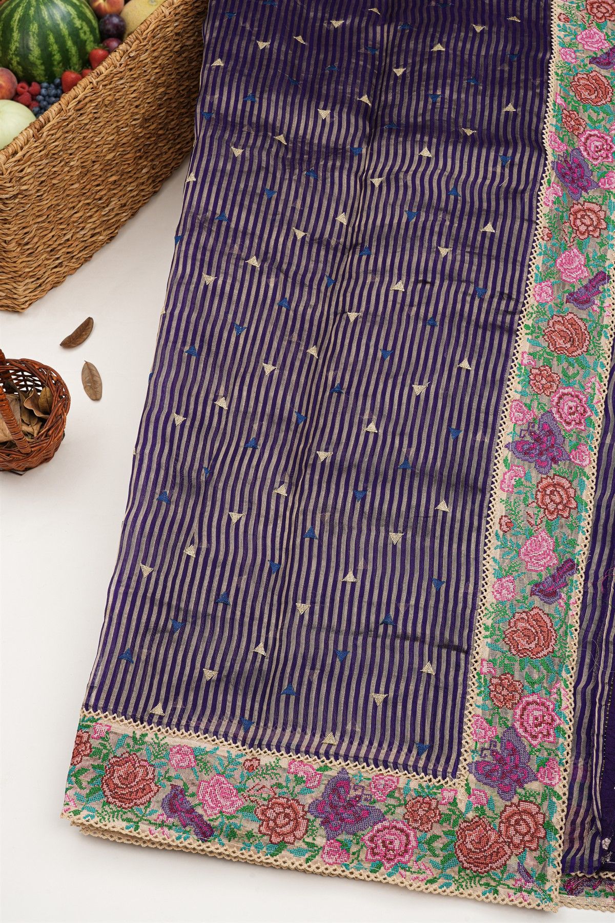 Designer Kora Navy Blue Saree