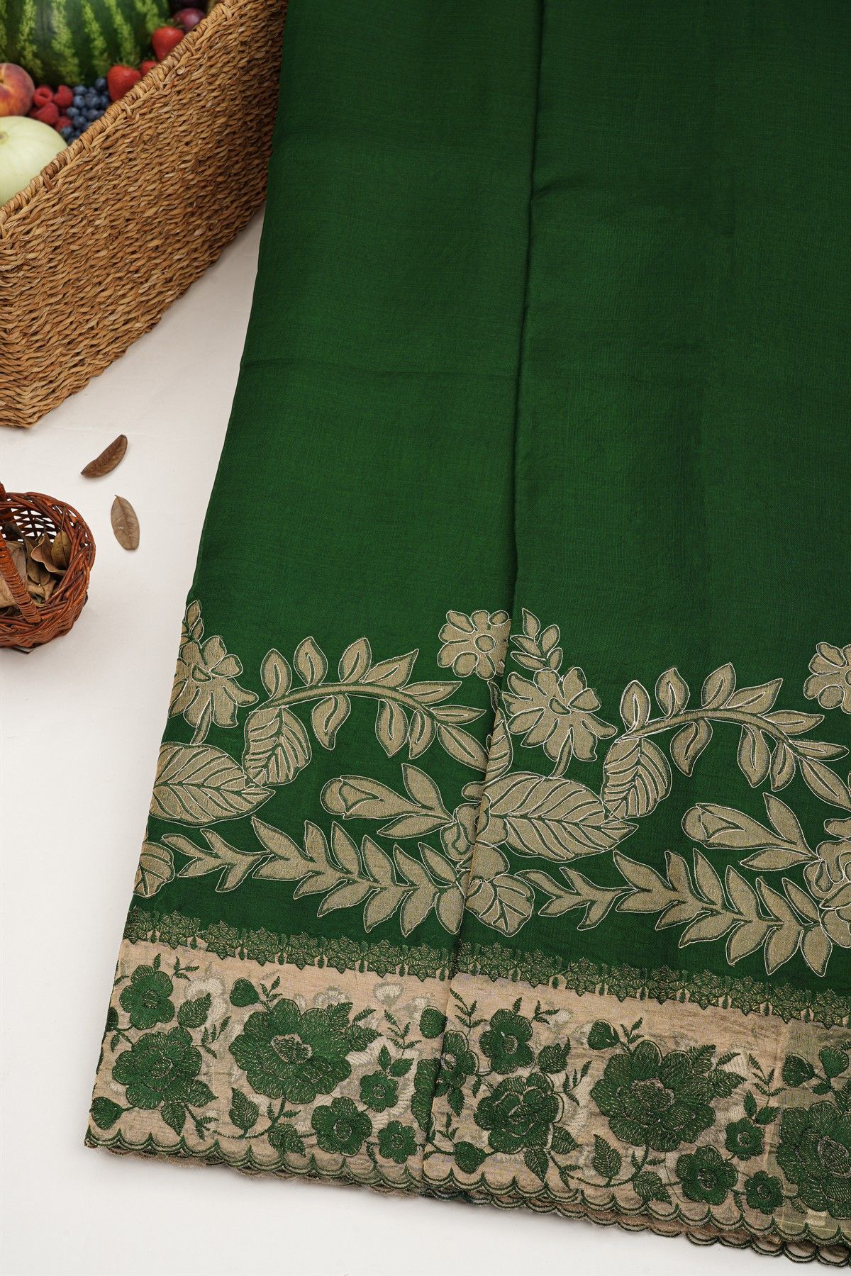 Designer Kora Bottle Green Saree