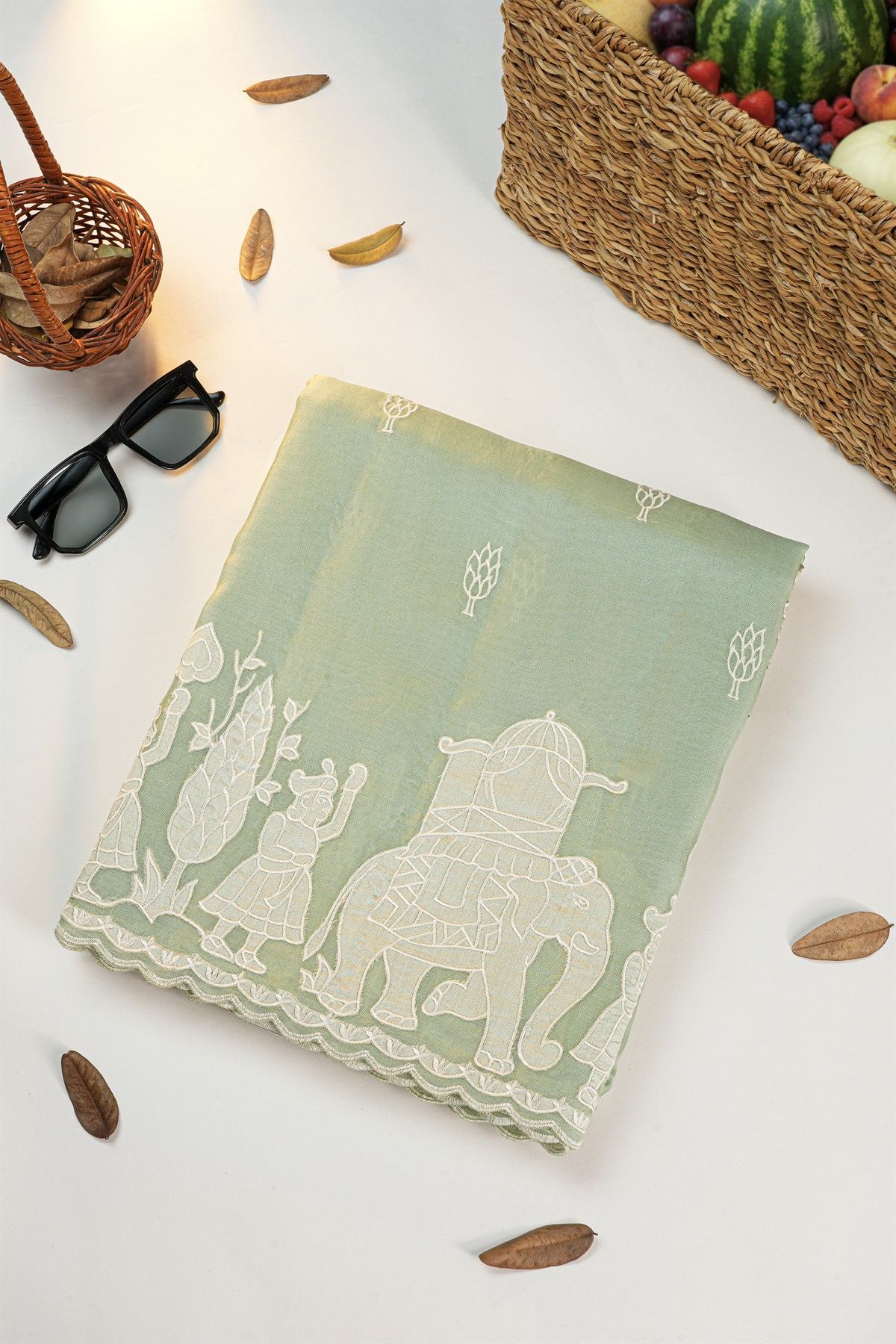 Designer Kora Pista Green Saree