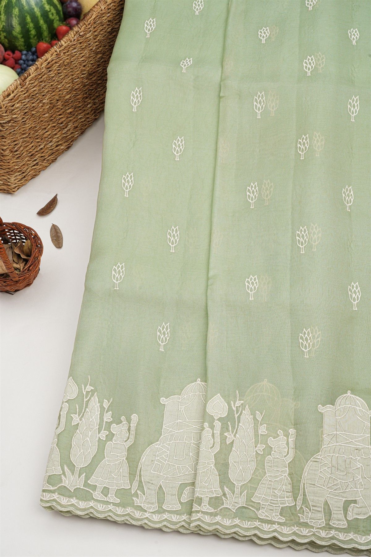 Designer Kora Pista Green Saree
