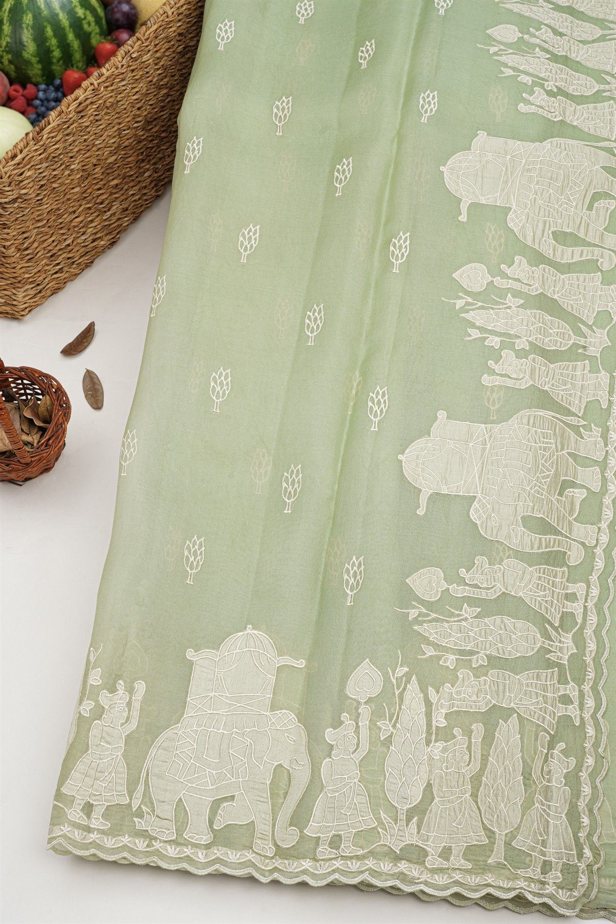 Designer Kora Pista Green Saree
