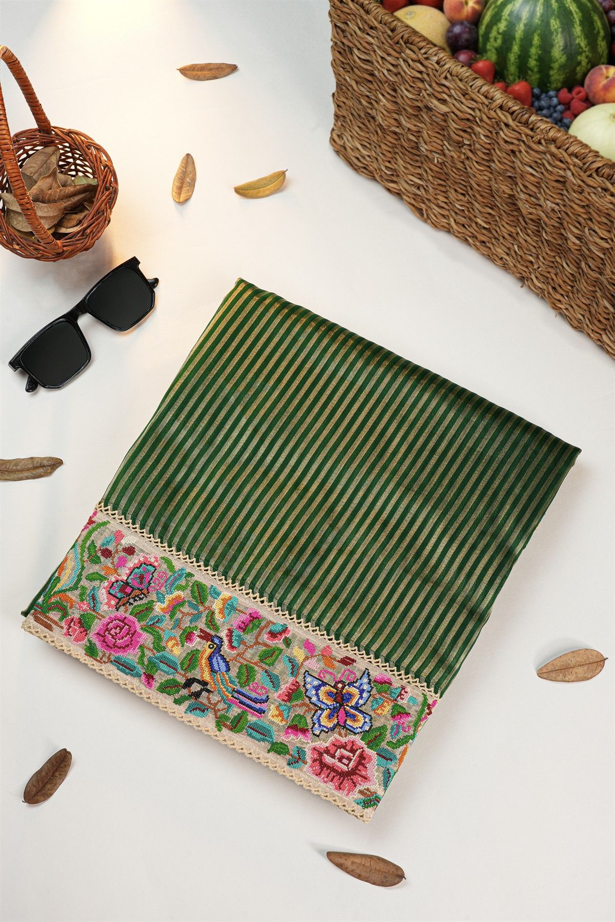 Designer Kora Bottle Green Saree