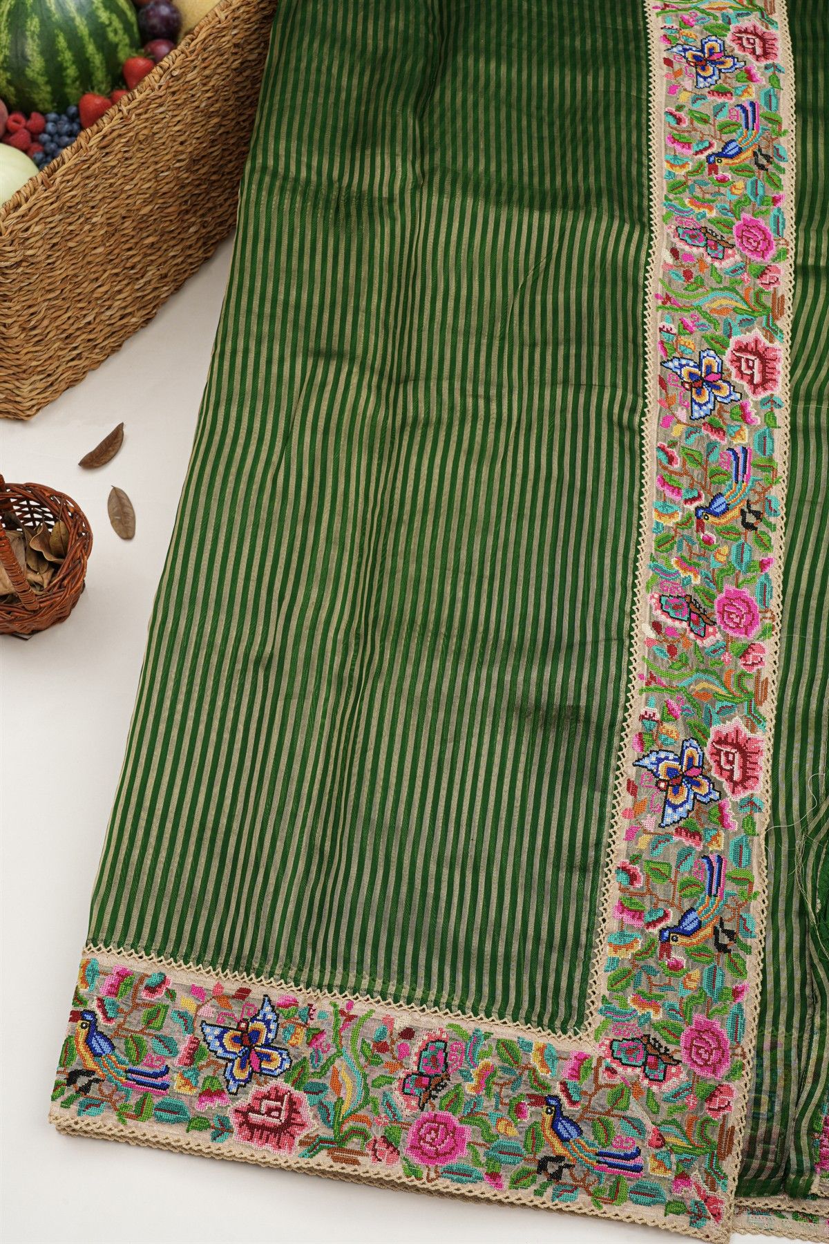 Designer Kora Bottle Green Saree
