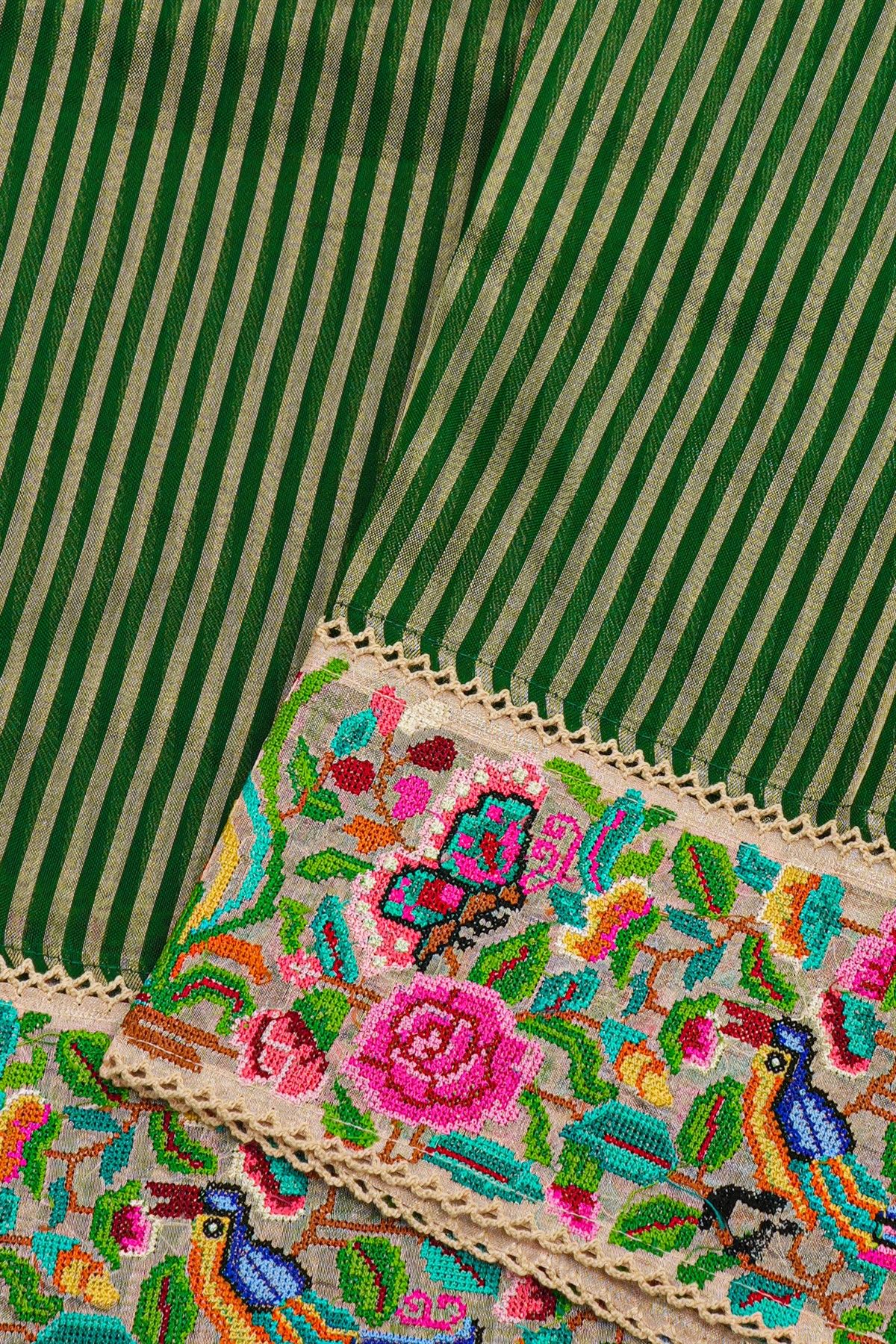 Designer Kora Bottle Green Saree