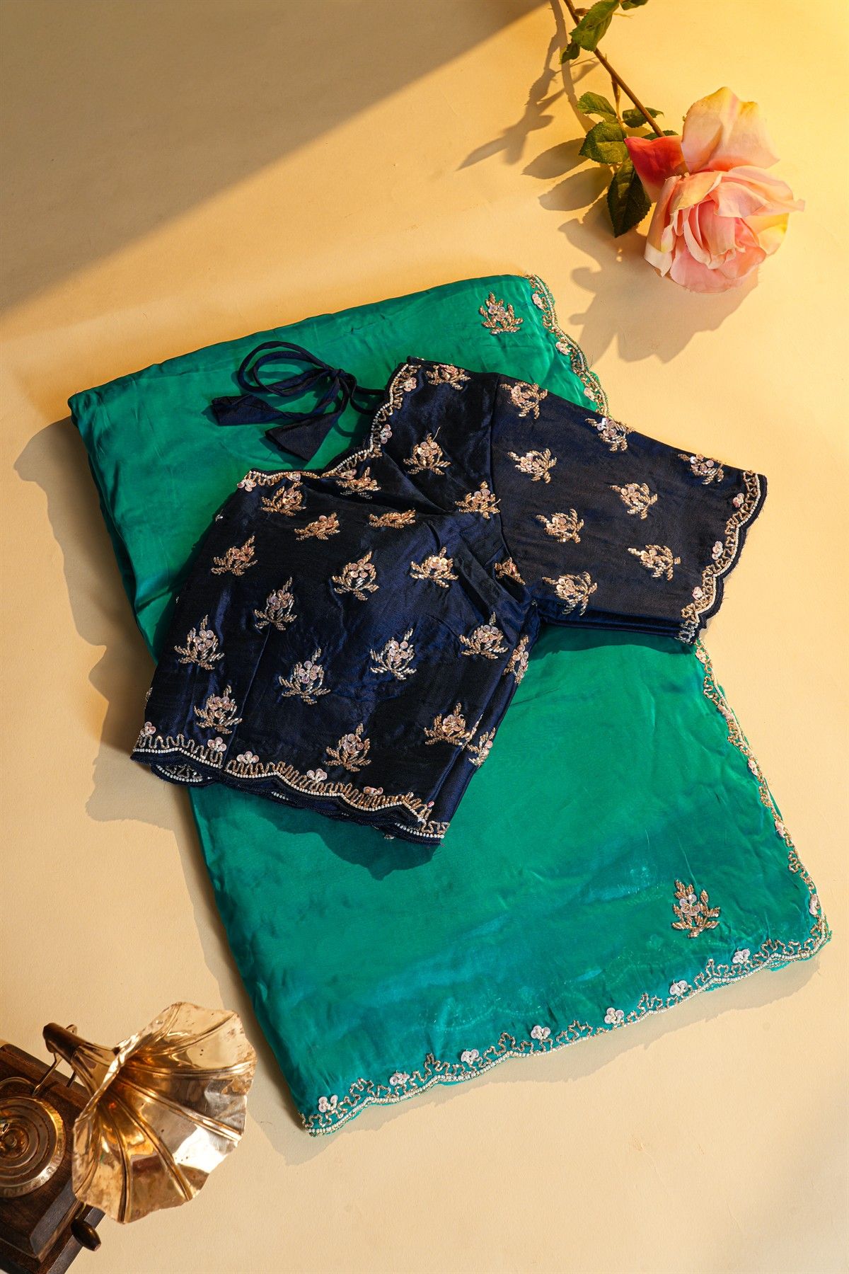 Designer Crepe Rama Green Saree