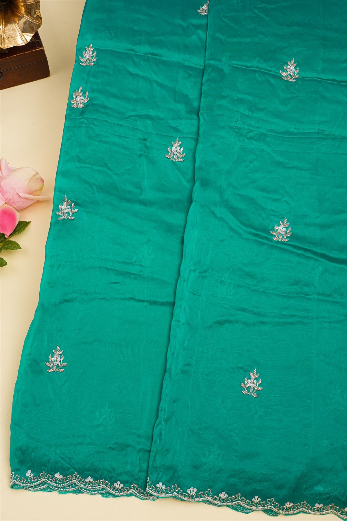Designer Crepe Rama Green Saree