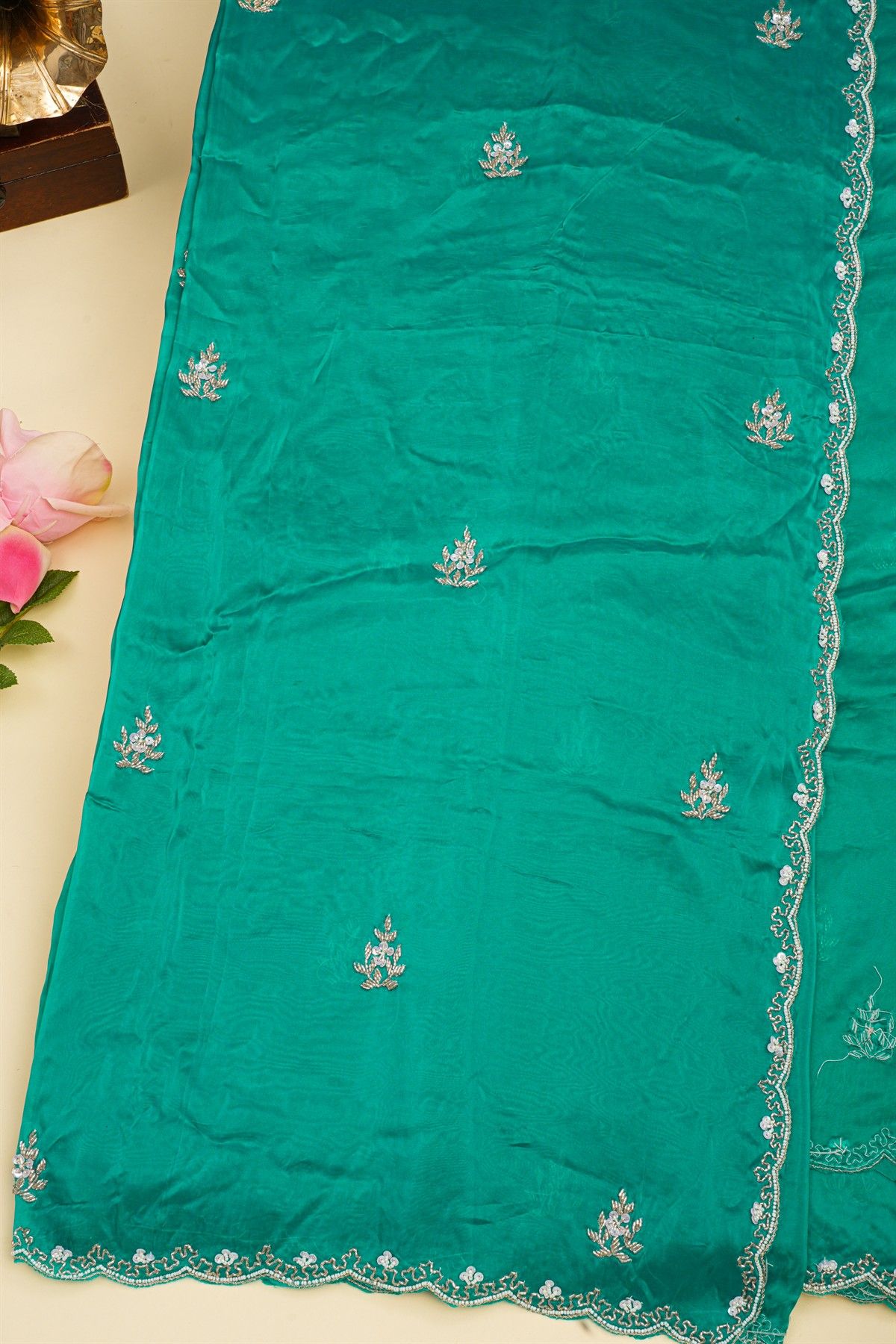 Designer Crepe Rama Green Saree