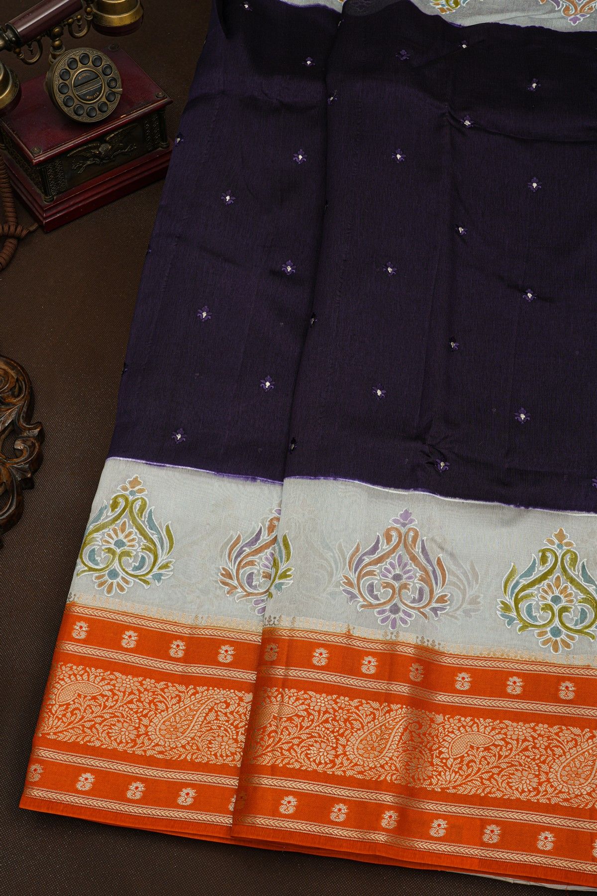 Fancy Kora Navy Blue Saree